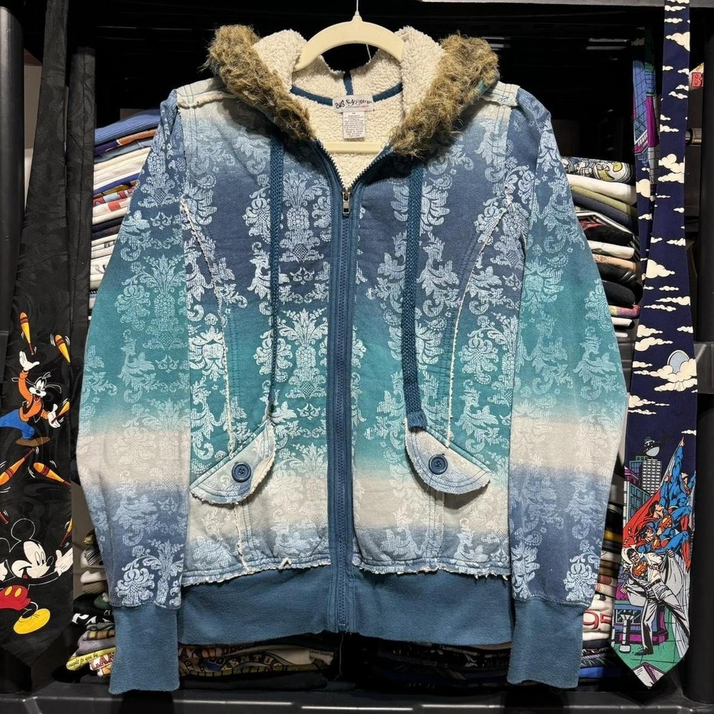 Self Esteem Women's Hoodie Blue Size M Boho Sherpa Faux Fur Damask Y2K Grunge